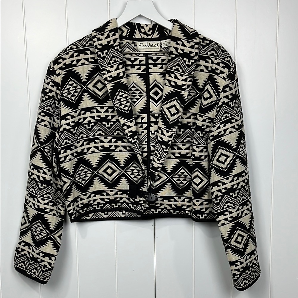 Flashback Womens Bolero Jacket Black/ Cream M Aztec Print Open Front Button EUC